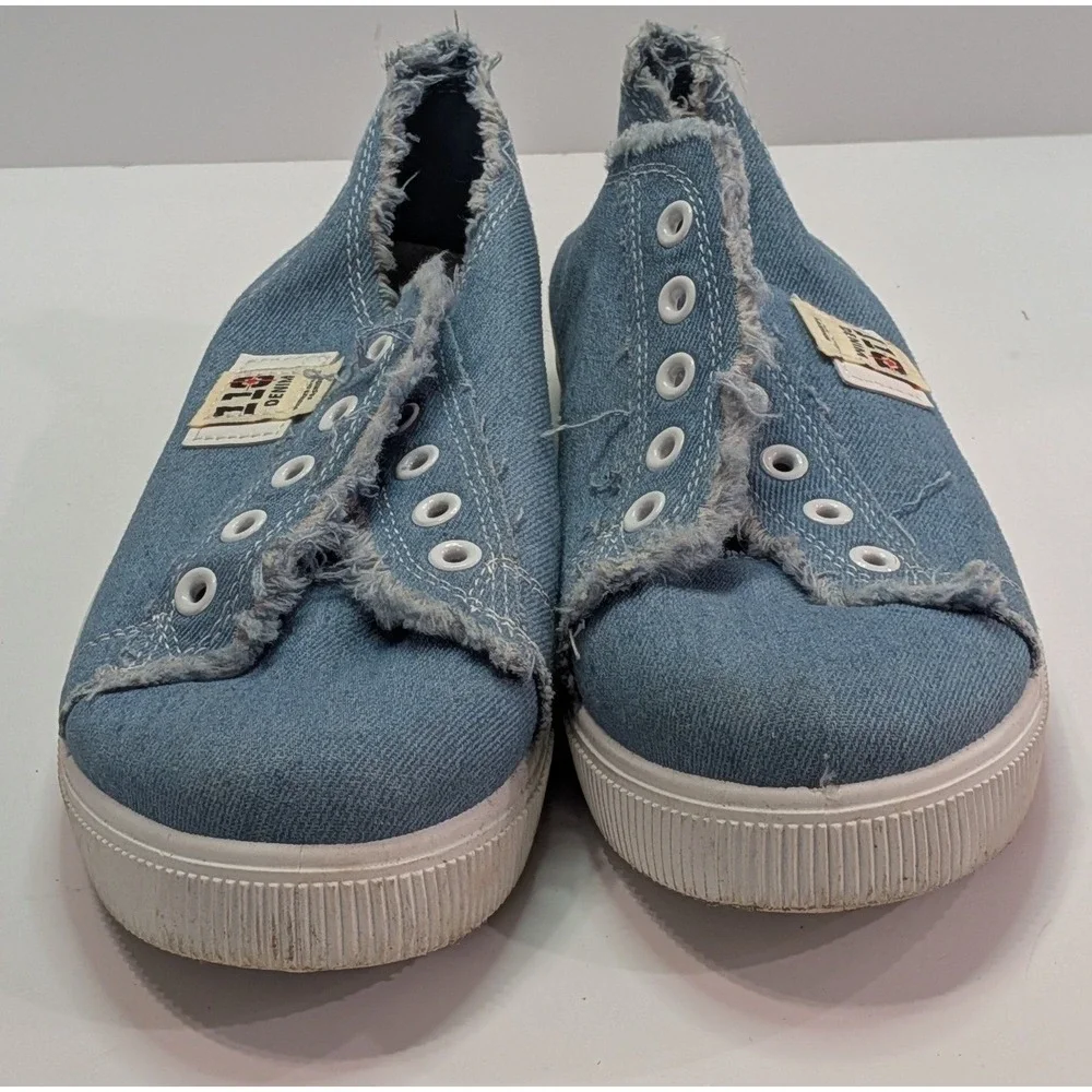 110 Denim Slip On Sneakers Women 41 Blue Good Distressed Frayed Laceless Low Top